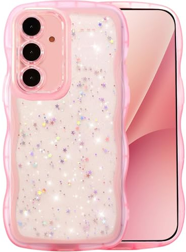 Transparent vågor lockigt fodral med stjärnglitter, stötsäkert skyddande fodral för samsung Galaxy S25/S24