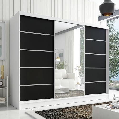 A&J MöbelLand Kleiderschrank Aurelia 1 – Schwebetürenschrank 200 cm breit mit Spiegel, 3-türig, Kleiderschrank mit Schubladen, Schiebetürenschrank für Schlafzimmer oder Garderobe