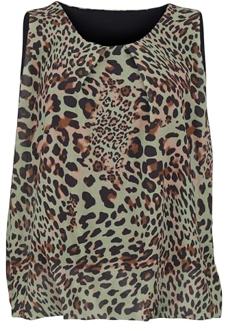 Malito – damblus ärmlös – lätt tunika utan ärmar – elegant slip-blus med rund hals – lös blusskjorta för kvinnor Leo Print och Uni 6879 – (36–42), Leo-oliv, 36-42
