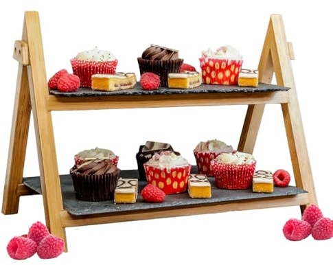 2 Tier Slate Cake Stand | Afternoon Tea Stands | Rustic Serving Platter for Desserts | Antipasti & Tapas Tray | Platters for Party Food | Foldable Food Display Rack