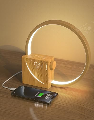 INSSISAIN 10w Lampe de Chevet LED avec Réveil, 2 Réveil, Wake up Light, USB Charge Ports,3 Modes Intensité d'Éclairage,10 Sons Naturels pour Chambre Bureau,Bébés & Adultes (couleur du bois)