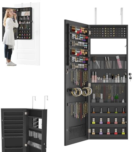 LZQ Schmuckschrank mit Spiegel Hängend Spiegelschrank Abschließbar Wandschmuckschrank 2-in-1 Schmuckaufbewahrung Türspiegel Wandspiegel Schmuck-Organizer, 107,5 x 36,5 x 9,5 cm, Schwarz