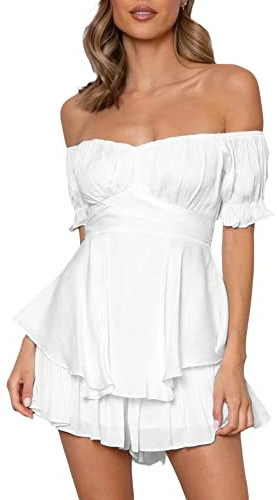 Women Romper Dress Off Shoulder Ruffle Mini Dress Puff Sleeve Short Jumpsuit Layered A Line Flowy Swing Beach Summer Dresses (A-White, L)