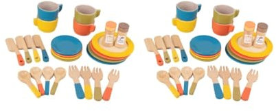 2 set of Wooden Toy Plates Dishes Cups Simulation Play Cutlery Plate Set for Children