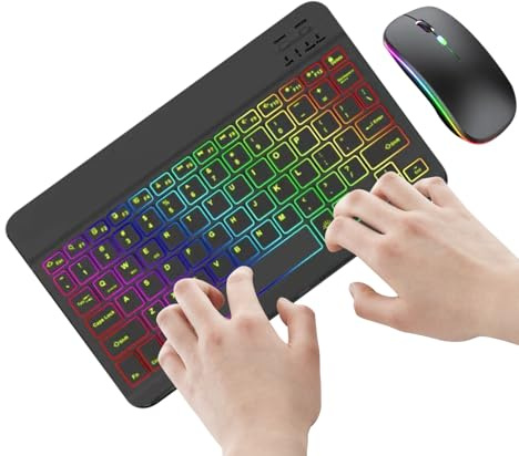 Teclado Y Inalámbricos - Combo De Teclado Retroiluminado - LED De 7 Colores con Modos De Luz | Slim Portable Typing Set para La Escuela De Oficinas Y Los Juegos | Teclado Recargable Pa