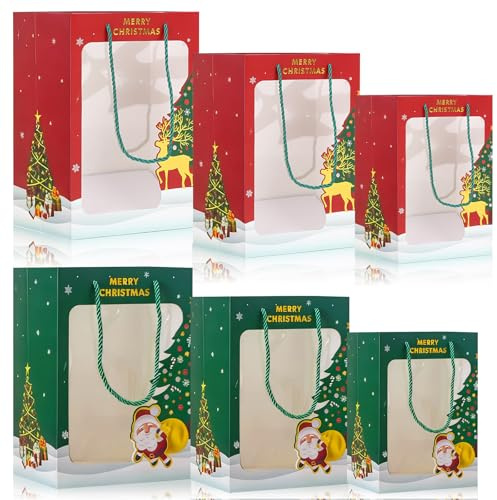 dellyy Geschenktüten Weihnachten, 6 Stück geschenktaschen weihnachten mit Fenster, Geschenktaschen mit Griffen, Weihnachts Geschenktüten aus Pappe, Drei Größen, Wiederverwendbare