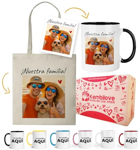 Kembilove® Pack taza y bolsa personalizada con foto y nombre | Con caja decorada | Regalo personalizado para pareja familia o amigos