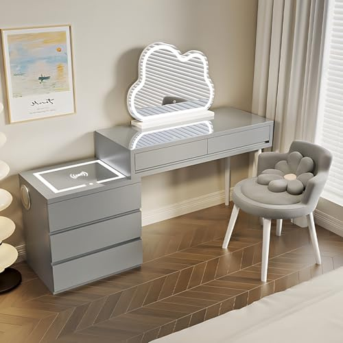 Modernt skrivbord med lådor snyggt sovrumsbord med laddningsstation och högtalare inkluderar LED-makeupspegel och stol massivt träkonstruktion (BGrey3 102 cm)