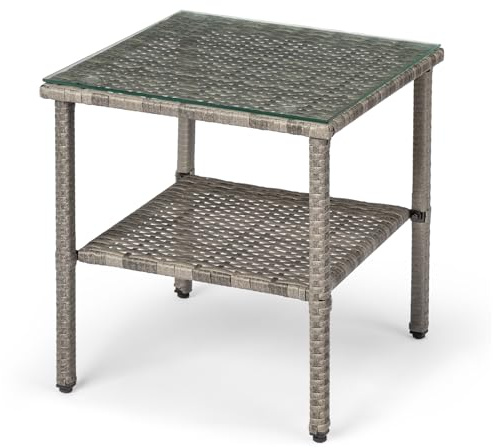 Mesa auxiliar cuadrada de mimbre gris para exteriores con parte superior de vidrio templado, estante de almacenamiento de doble capa, muebles de ratán de polietileno para todo tipo de clima para patio