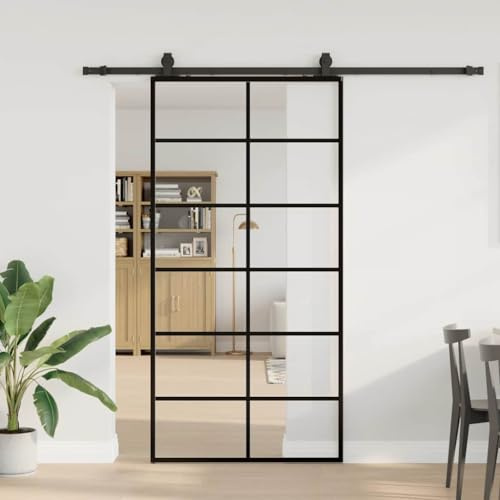 Porta scorrevole con guarnizione nera 102 x 205 cm, sistema di porte scorrevoli in vetro temperato per soggiorno, bagno