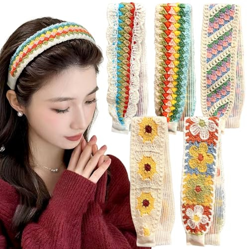 5 Stück Vintage Gestrickt Haarreifen Damen Breit Headband mit Bunte Blumen Sonnenblumen Hair Band Women Haarflecken Haarband Breit Haar Band Nicht-Squeeze Haarreif Elegant Haarbänder Haarschmuck