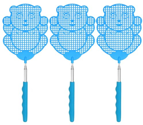 M METERXITY Juego De 3 Matamoscas para Interiores, Matamoscas De Plástico Resistente con Mango Telescópico De Acero Inoxidable para Jardín/Interior/Exterior/Cocina/Oficina [Azul]