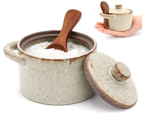 Speckled Ceramic Salt Cellar with Lid And Wooden Spoon, Sugar Bowl Pot | 7.8 Oz Rustic Salt And Pepper Containers for Countertop Sugar Bowl Farmhouse Seasoning Spice Jar for Kitchen, Light Gray