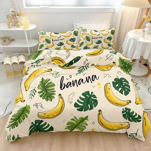 Breathable Reversible Duvet Cover - Yellow Banana Monstera Deliciosa Soft And Easy Care Microfiber Tropical Plants Printed Down Duvet Covers, Single Size Comfortable Bedding Set for Girls Kids Adult