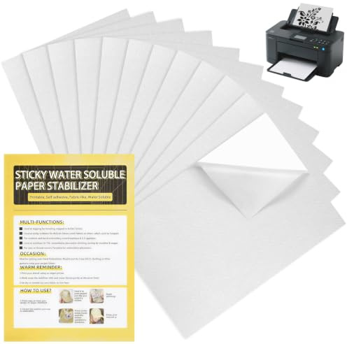 Water Soluble Embroidery Paper, A4 Embroidery Stabilizer Transfer Paper | 12 Pcs Dissolvable Stick and Stitch Embroidery Paper, Printable Embroidery Patterns for Hand & Machine Embroidery