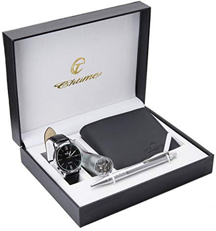 Coffret cadeau Montre Homme Noir - Lampe LED - Portefeuille - stylo