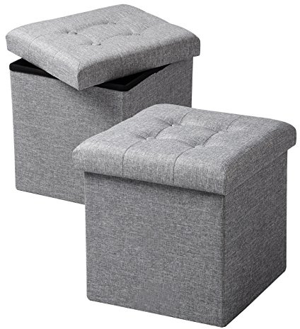 WOLTU Uppsättning av 2 sittpall med förvaringsutrymme sittkuber sittbänk vikbar kista, förvaringslåda, lock avtagbar, vadderad sits av linne, 37,5 x 37,5 x 38 cm (L x B x H), ljusgrå