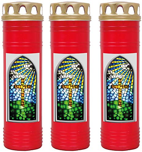 HS Candle Grabkerze - 3er Pack - (Rot) Grablicht ca. 7 Tage Brenndauer je Kerze - Motiv: Fenster Weiss