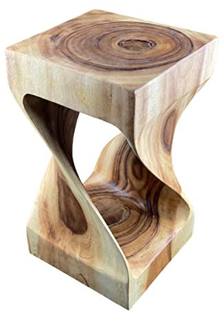 FaHome Taburete de Madera Trenzado Curvado de Samán Natural, Mesa Auxiliar para Muebles, Taburete de Flores, Única y Maciza