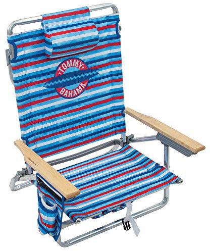 Tommy Bahama 5-Position Classic Lay Flat Folding Backpack Beach Chair, Aluminum, Red, White, and Blue Stripe