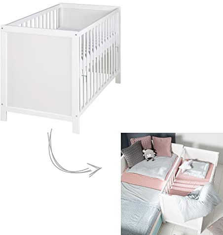 roba 2 in 1 Babybett 60 x 120 cm - Gitterbett & Beistellbett 6-fach Höhenverstellbar - 5 Schlupfsprossen - Holz weiß