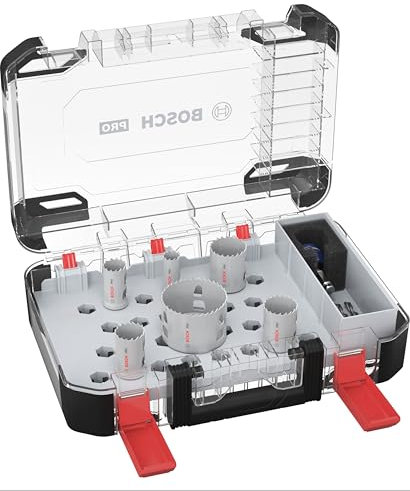 Bosch 9x Set de sierra de corona PRO Multi Material Power Change Plus - Estuche transparente (para Madera blanda, Cartón-yeso, Ø 19,25,30,35,40,68 mm, Professional Accesorios Taladro), Versión actual