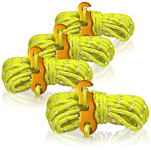 COM-FOUR® 4x killrep, vardera 4m för camping, reflekterande i gult - tältsnöre med aluminiumspänne - spännsnöre - campinglina - repsträckare - tältrep - stormrem