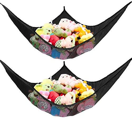 Jumbo Toy Net Hammock for Stuffed Animals KoHuiJoo Wall Sling Corner Extra Large Kids Children Mesh Toy Net Organizer (Black 2 Pack, 70 inch)