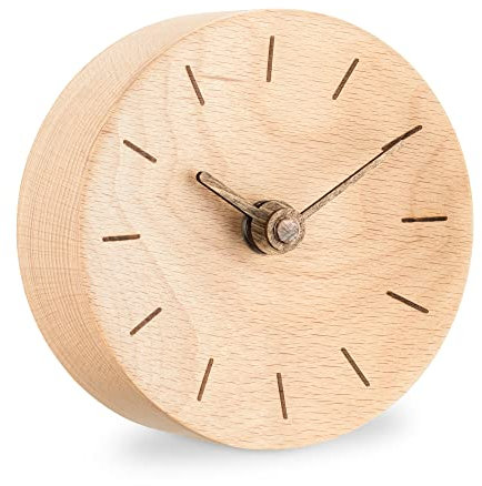 Navaris Analog Holz Tischuhr rund - 11 x 11 x 3,5cm - analoge Deko Tisch Uhr ohne Ticken mit Holz Ziffernblatt und Zeigern - leise Holzuhr Hellbraun