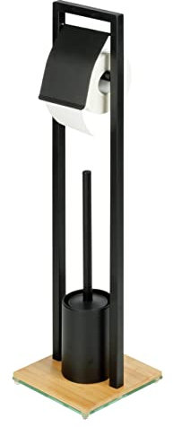 WENKO Stand WC-Garnitur Mod. Bambusa, inkl. Rollenhalter und WC-Bürste im Loft-Stil, matt lackierter Stahl mit Schwerer Glasplatte kombiniert mit hochwertigem Bambus, 18 x 72,5 x 18 cm, Schwarz/Natur