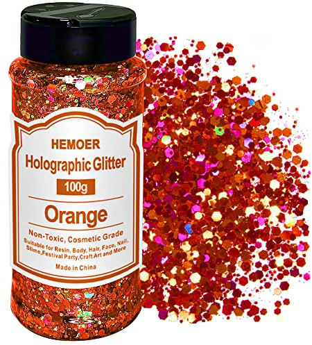 HEMOER Holographic Chunky Glitter, Orange 100g Chunky Pailletten Glitter, Craft Glitter für Harz, Gesicht, Nagel, Körper, Kunsthandwerk, Slime Festival Party Art, Glitzerpuder für Nägel Glitzer