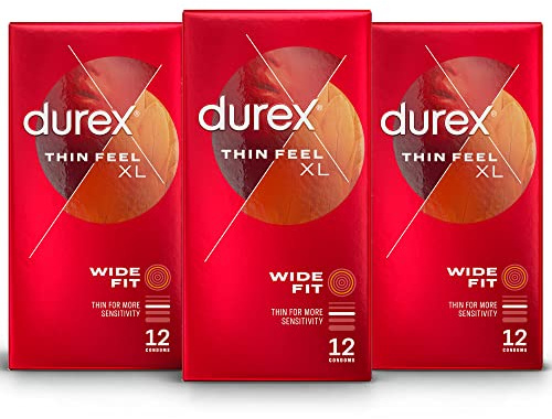Durex Thin Feel XL Extra Large Condoms, Enhanced Sensitivity, Pack of 3 x 12, Total 36, First Aid Kits, Ultimate Comfort, Intimate Protection, Premium Quality, Safe and Reliable