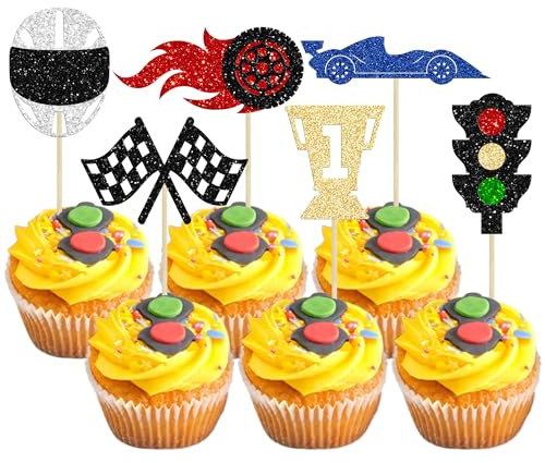 Gyufise 24Pcs Race Car Cupcake Toppers - Metallic, Red, Black, White - 24 Count - Cake Topper - Race Car Theme Party - Baby Shower