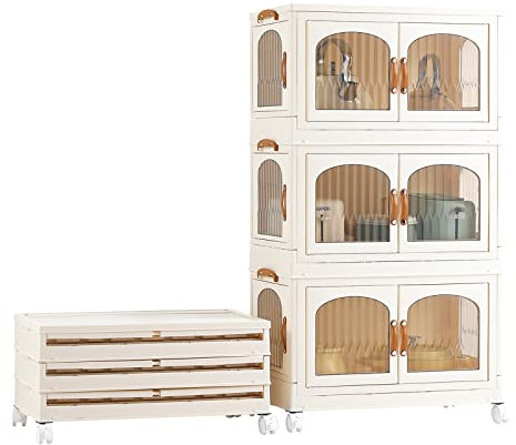 RMAN Küchenschrank 3 * 60L Faltbar Aufbewahrungsschrank mit 3 Türen und Rollen Mutfak Dolabı für Wohnzimmer, Küche, Büro, groß Weiß