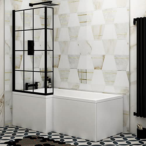 Qubix 1700 x 850mm Left Hand L-Shaped Shower Bath Bathtub with Front Panel + Black Framed Screen