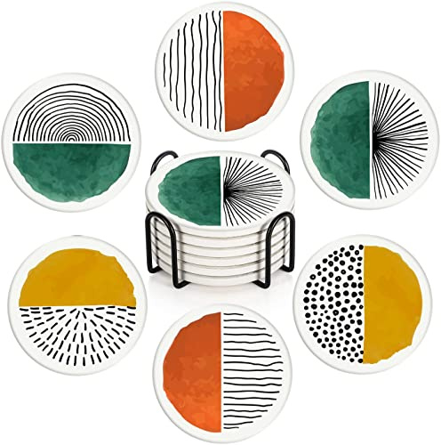 Britimes Coasters for Drinks, Set of 6, Ceramic Stone, Doodle Circle | Retro Simple Absorbent Round Table Mat with Cork Base and Metal Holder Gift for Housewarming Room Bar Decor