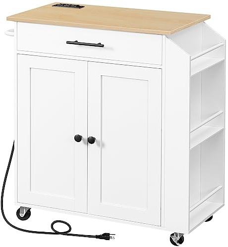 HOOBRO Kitchen Island with Power Outlet, Kitchen Storage Island with Spice Rack and Drawer, Rolling Kitchen on Wheels, for Home, Dining Room, Natural and White WN82UZD01G1