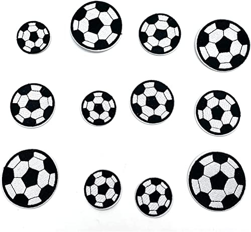 12 stycken tyglappar för fotboll broderi, stryk på lapp, lappar fotboll broderier stryka på strykbild boll för jeans, ryggsäckar, halsdukar, strumpor