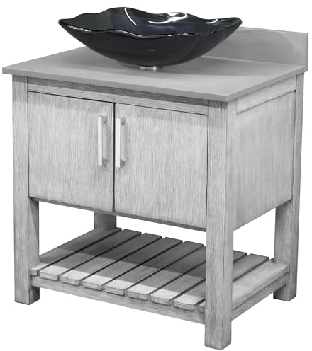 Miseno MV-30SG-NOBV-280-317G 30 Free Standing Single Basin Vanity Set with Cabinet, Rectangular Glass Vessel Sink and Grey Quartz Vanity Top - Stonewash Grey/Storm Grey Top/Chrome Hardware
