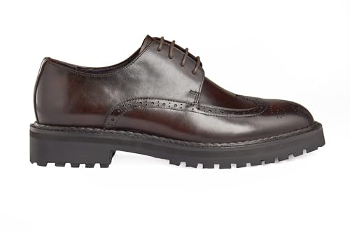 Chaussures Derby Semi-Brogue en Cuir Poli pour Hommes, rétro, Grosse Semelle en Caoutchouc Commando, Faites à la Main [MA202-Y09-BROWN-46EU, 11.5UK]