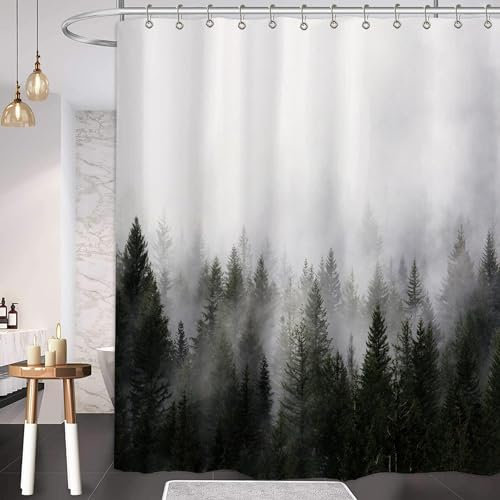 IGINOA Duschvorhang 180x200 mit Ösen Antischimmel Wald Stoff Shower Curtains Grün mit Beschwerer Lustig Badevorhang Schimmelresistent Badewanne Vorhang Textil Dunkelgrün Pflanzen