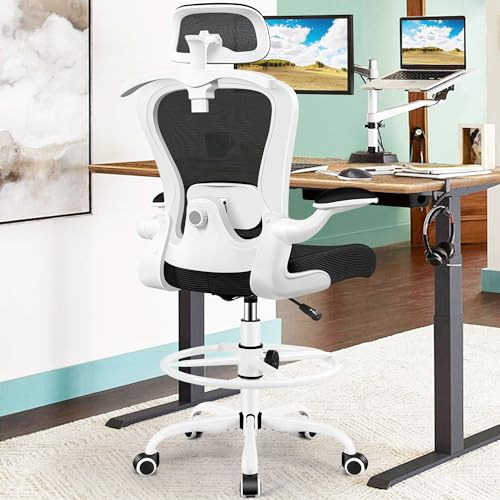 AtHope Drafting Chair, Tall Office Chair with 3D Lumbar & Head Support | Ergonomic Mesh Standing Desk Chair with Footrest Ring, Comfy Extended High Desk Chair with Flip-Up Arms & Hanger, White