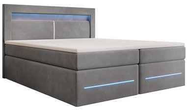 Boxspringbett Minera 180x200 Doppelbett Polsterbett Bett mit LED, USB und Stauraum | Bezug: Samt | Farbe: Grau | Härtegrad: H3 (70-100kg)