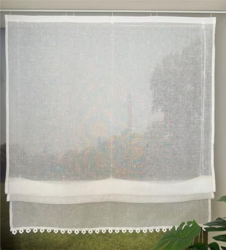 Vordesack Leinenoptik Raffrollo mit Blumen-Kante Unifarbige Raffgardine mit Klettband Wohnzimmer halbtransparent Gardinenschal Küche Weiß 1 Stück HxB 140x80cm