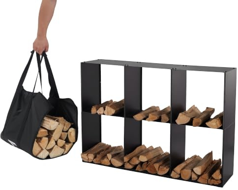 Lendo Online Kaminholzregal + Tragetasche - Innen & Außen - Feuerholzregal - Kaminholzständer - Brennholzregal - Schwarz - Metall (80x28x120cm)