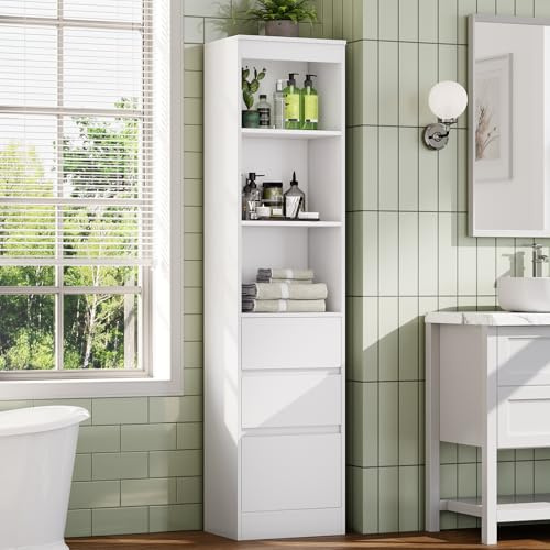FORABAMB - Mueble de cuarto de baño, con 3 cajones y 3 compartimentos abiertos, armario de almacenamiento con estante ajustable para inodoro, sala de estar, cocina, 180 x 40 x 30 cm, color blanco