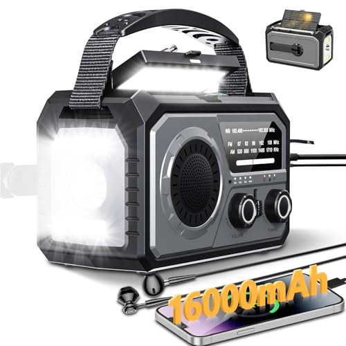 59200mWh Emergency Radio - 16000mAh Portable Solar Hand Crank NOAA/AM/FM Weather Radio with Battery Powered & USB Charger,SOS Alarm,Flashlight, Reading Lamp for Outdoor Camping,Storm,Survival Kits