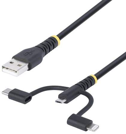 StarTech Câble Lightning, Micro-USB, USB-C/USB-A 1m - Noir (RLTCUB1MBK) | Câble robuste, Charge 3 en 1, Fibres d'aramide, Gaine TPE, Jusqu'à 15W 3A, USB 2.0, Certifié Apple MFi