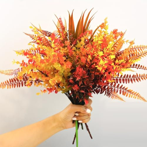 KARLOR 9 paquetes de flores artificiales de otoño decorativas plantas artificiales de otoño plantas artísticas ramo de flores otoñales hojas persas eucalipto interior exterior Navidad boda fiesta casa