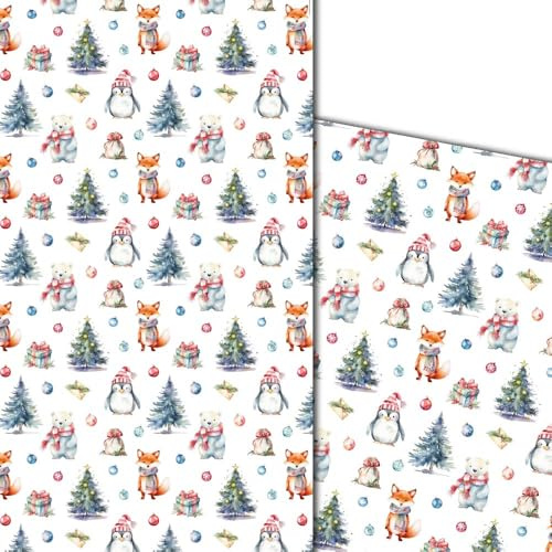 artup 5 Bögen besonderes Weihnachtsgeschenkpapier Set – edel & fein mit aquarellierten Tiermotiven – lustiges Weihnachts-Einschlagpapier für elegante Geschenke – DIN A2 (42 x 59 cm)